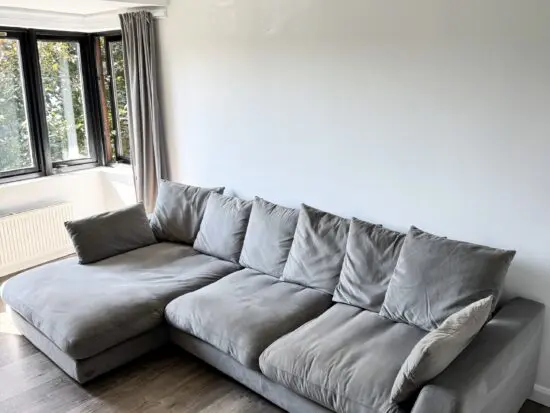 DFS Velvet Grey Right-Hand L Shaped Sofa Couch