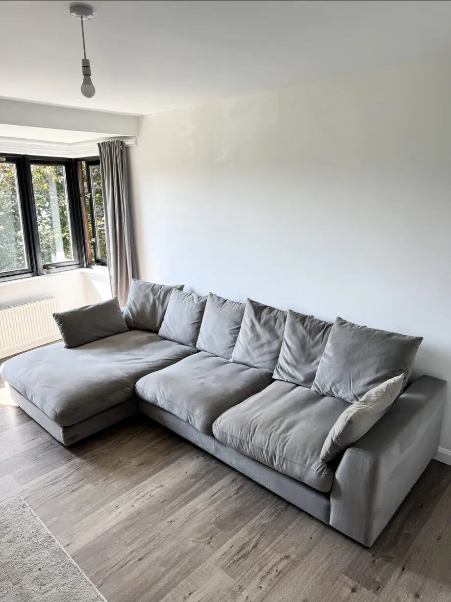 DFS Velvet Grey Right-Hand L Shaped Sofa Couch