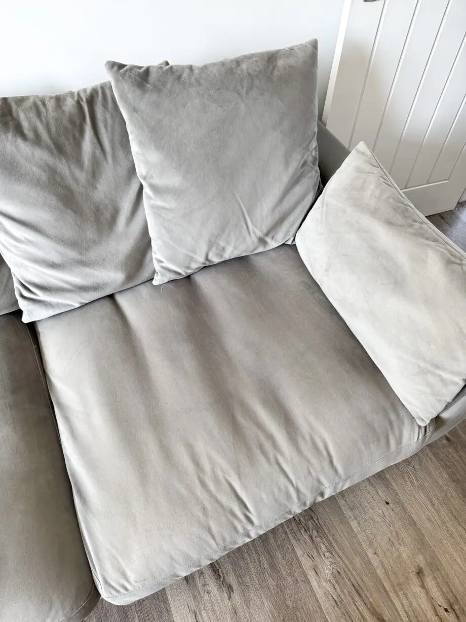 DFS Velvet Grey Right-Hand L Shaped Sofa Couch