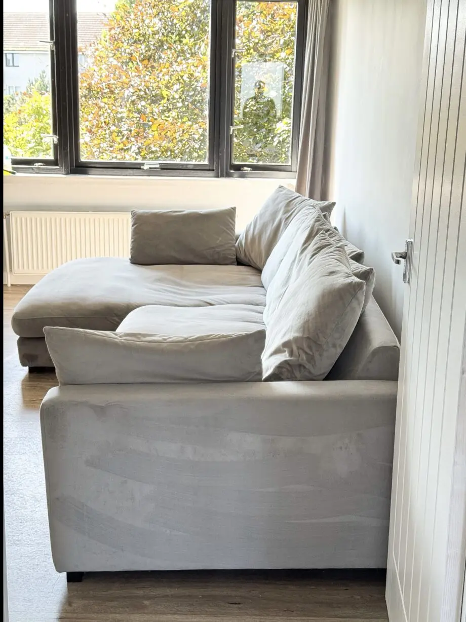 DFS Velvet Grey Right-Hand L Shaped Sofa Couch