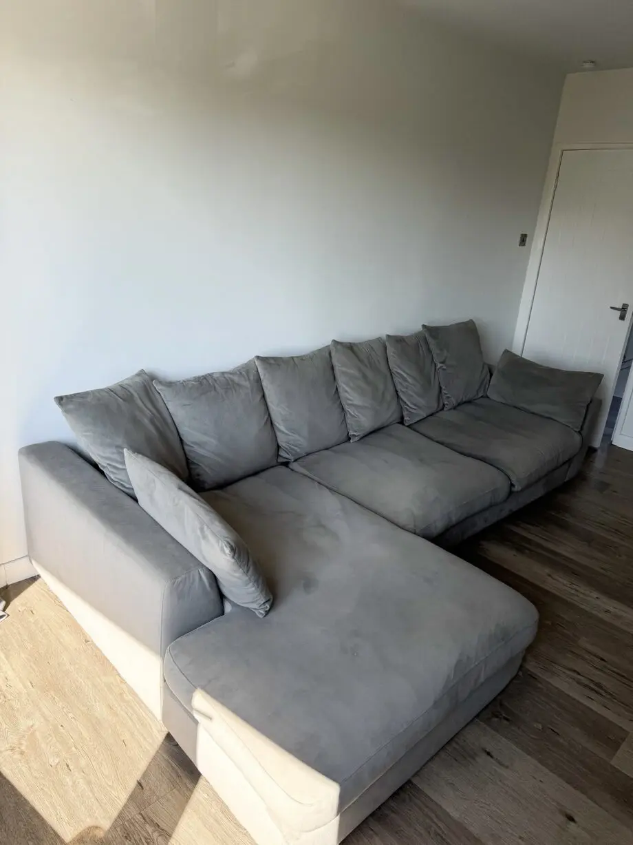 DFS Velvet Grey Right-Hand L Shaped Sofa Couch