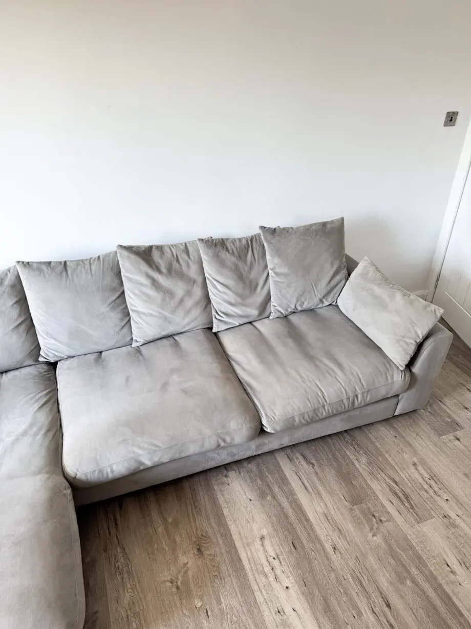 DFS Velvet Grey Right-Hand L Shaped Sofa Couch