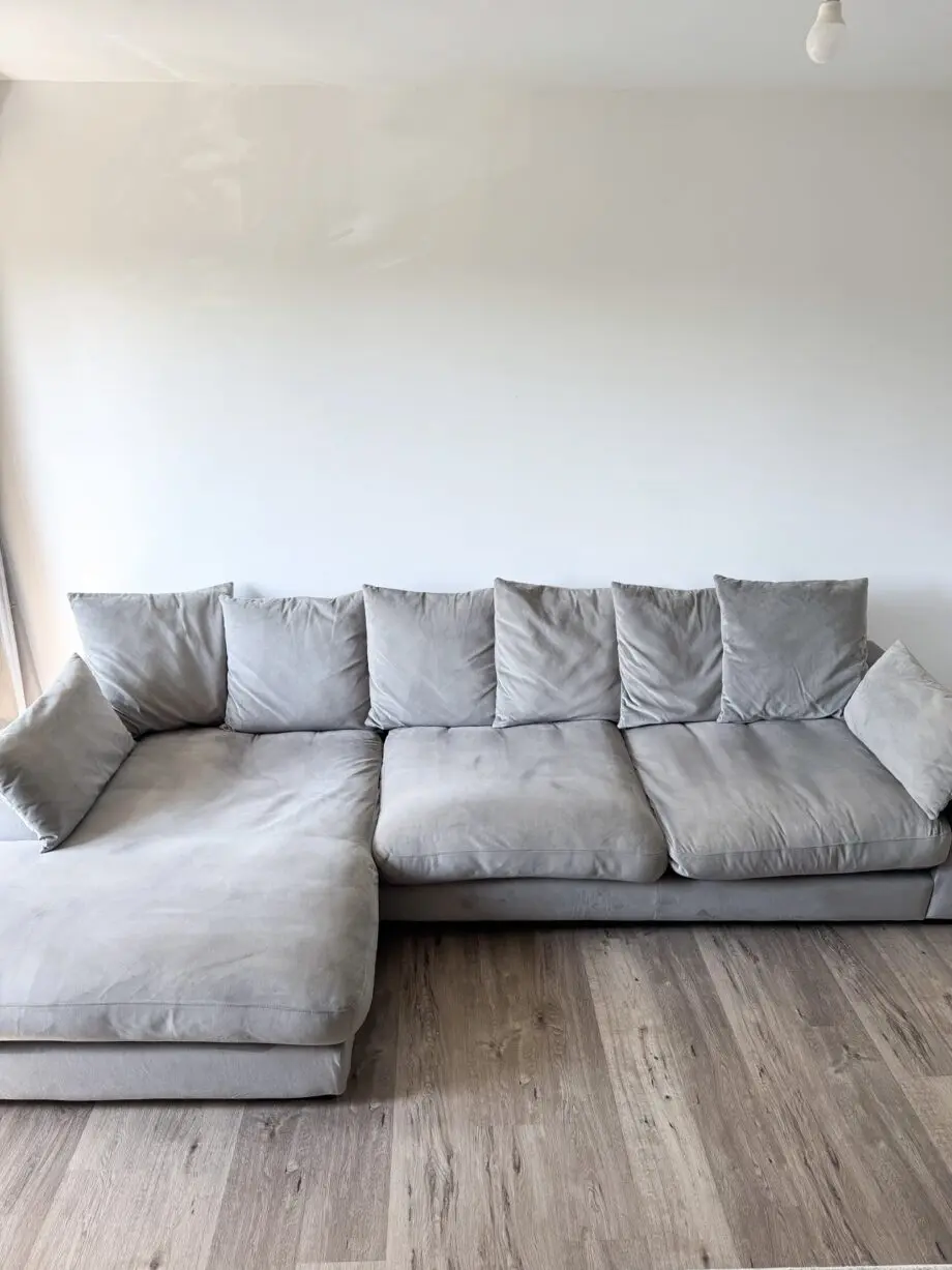 DFS Velvet Grey Right-Hand L Shaped Sofa Couch