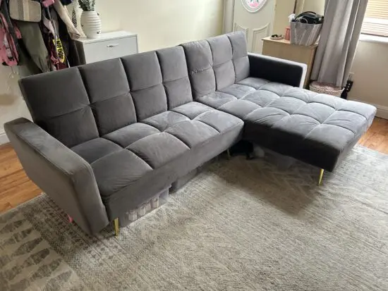 Upholstered Grey Velvet Corner Sofa Bed
