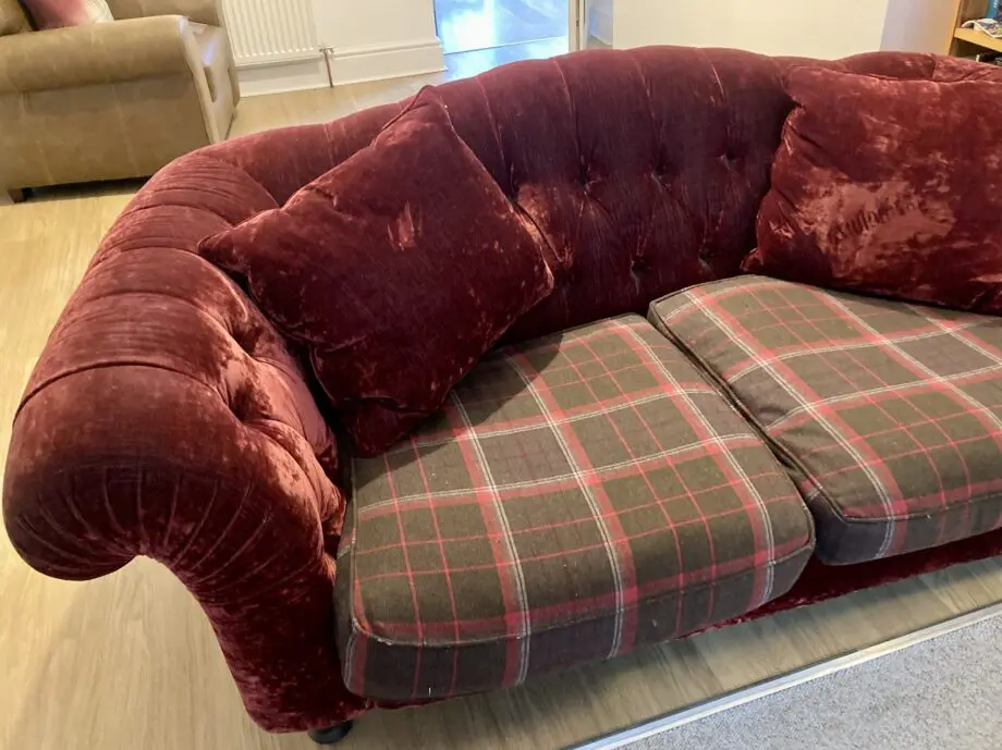 Bespoke 3 seater velvet chesterfield sofa. Deep raspberry colour. Made by John Sankey