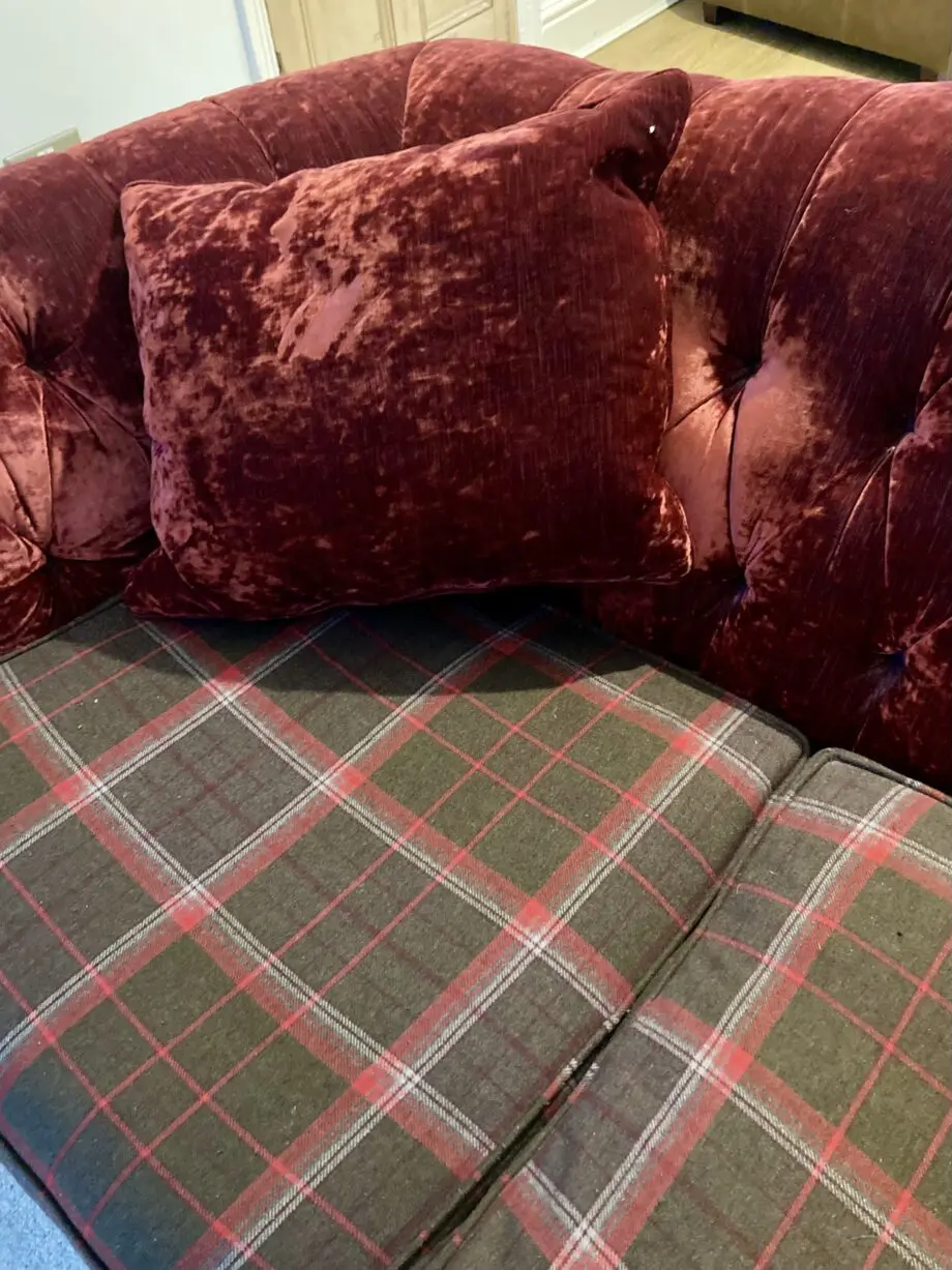 Bespoke 3 seater velvet chesterfield sofa. Deep raspberry colour. Made by John Sankey