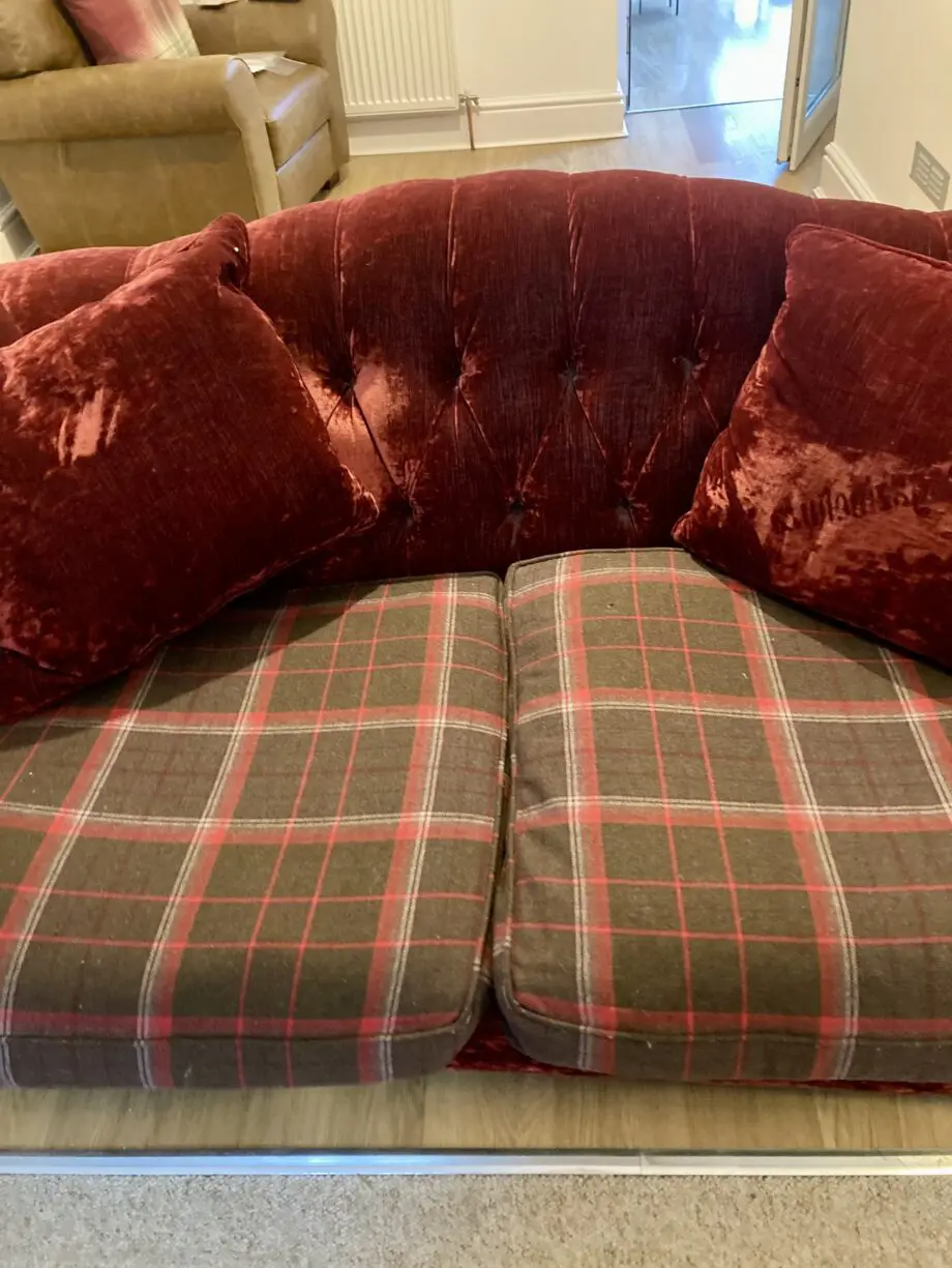 Bespoke 3 seater velvet chesterfield sofa. Deep raspberry colour. Made by John Sankey