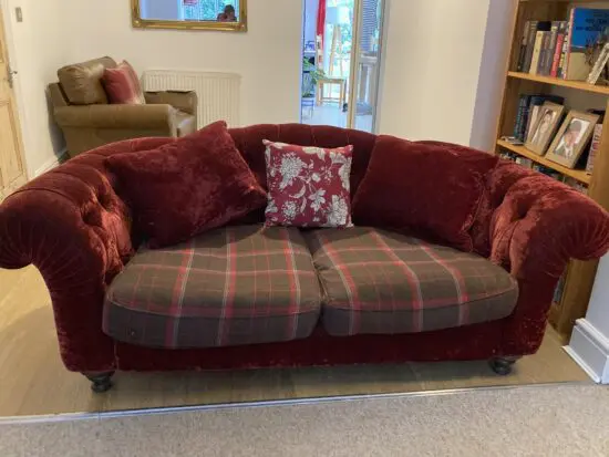 Bespoke 3 seater velvet chesterfield sofa. Deep raspberry colour. Made by John Sankey