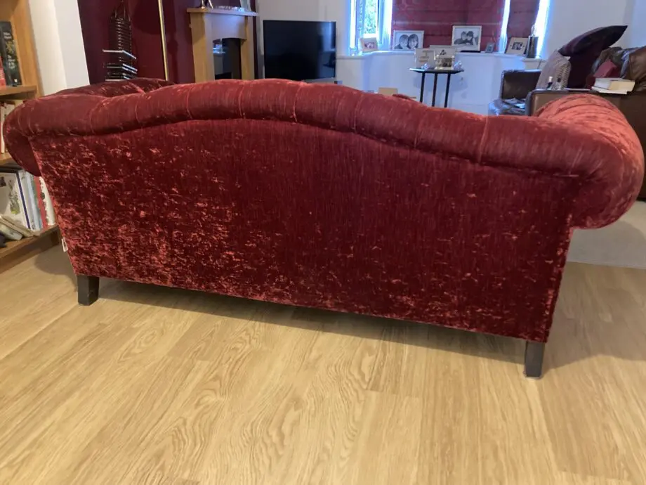 Bespoke 3 seater velvet chesterfield sofa. Deep raspberry colour. Made by John Sankey