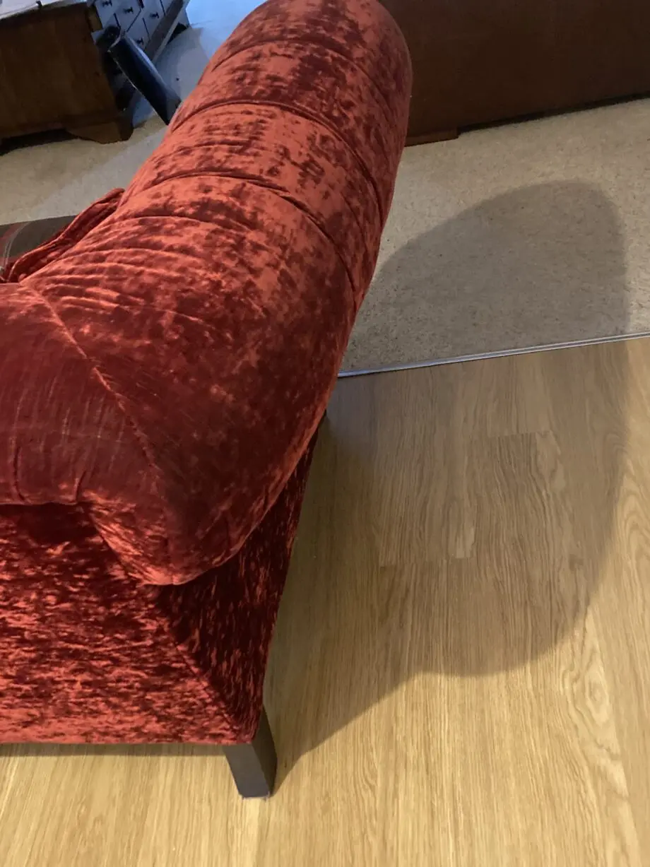 Bespoke 3 seater velvet chesterfield sofa. Deep raspberry colour. Made by John Sankey