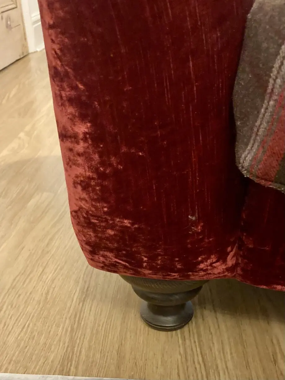 Bespoke 3 seater velvet chesterfield sofa. Deep raspberry colour. Made by John Sankey
