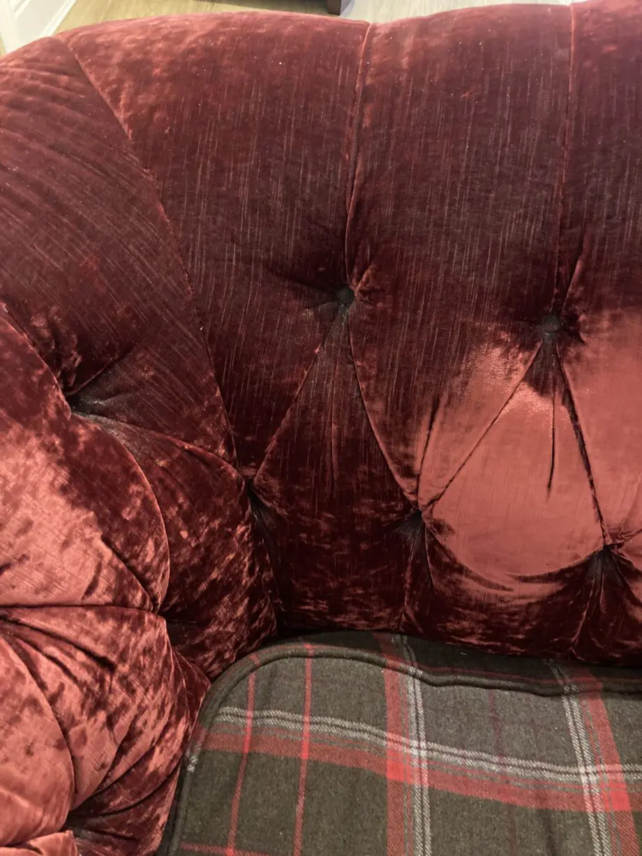 Bespoke 3 seater velvet chesterfield sofa. Deep raspberry colour. Made by John Sankey