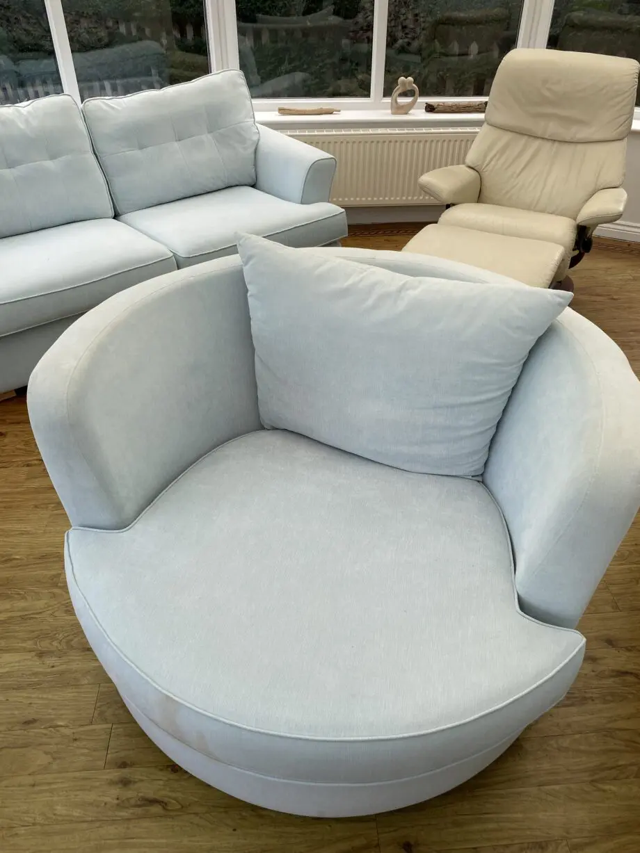 DFS Light blue/Silver Farah sofa set with swivel chair