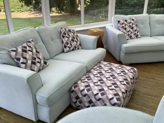DFS Light blue/Silver Farah sofa set with swivel chair