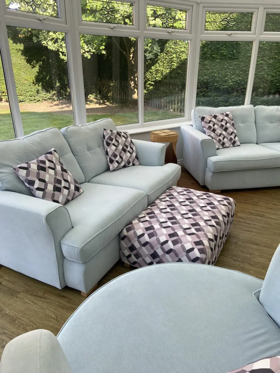 DFS Light blue/Silver Farah sofa set with swivel chair