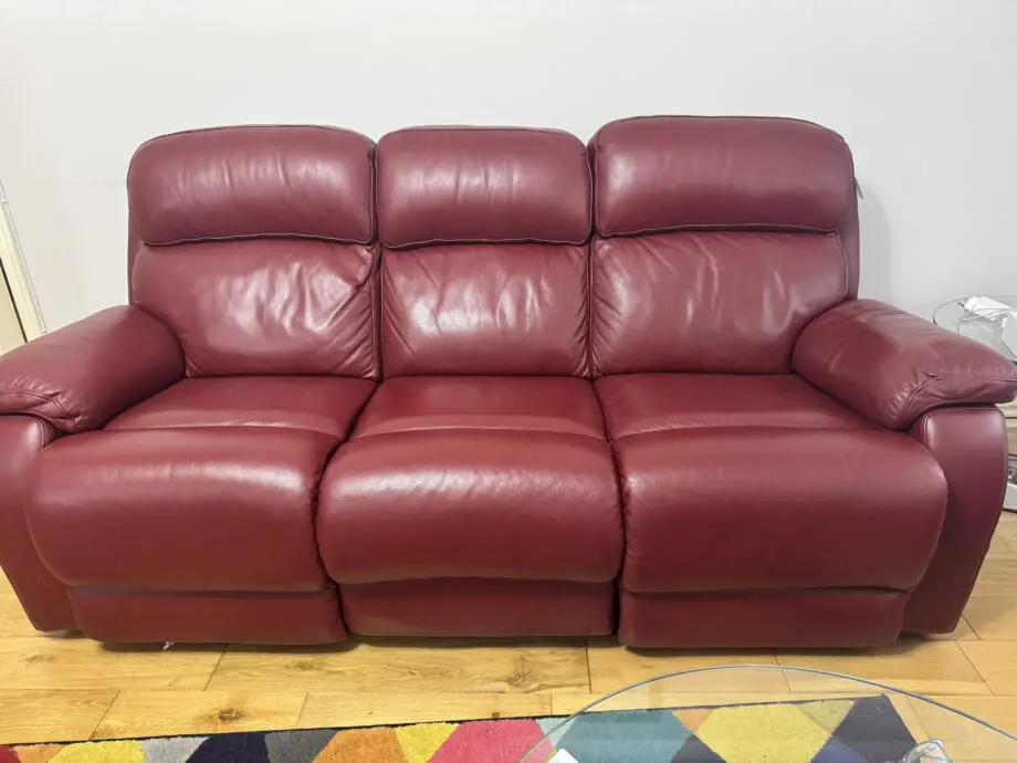 DFS 3 seater and 2 seater leather recliner sofa in wine red colour