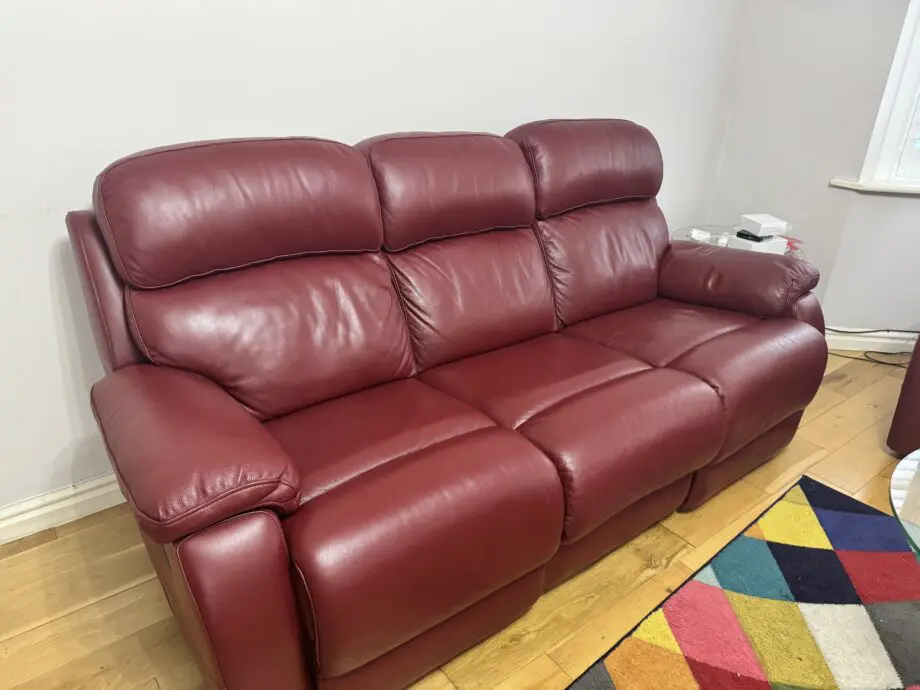 DFS 3 seater and 2 seater leather recliner sofa in wine red colour