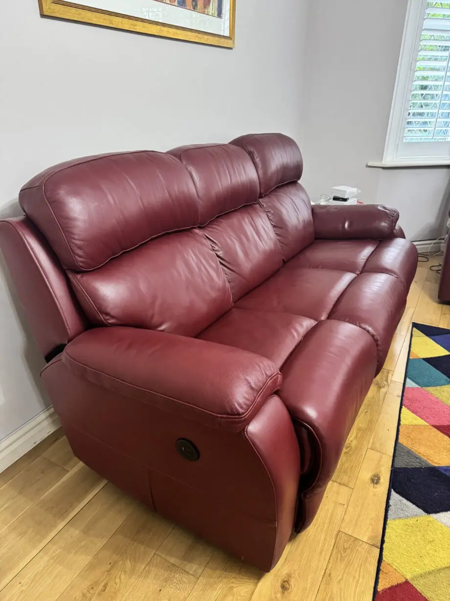 DFS 3 seater and 2 seater leather recliner sofa in wine red colour