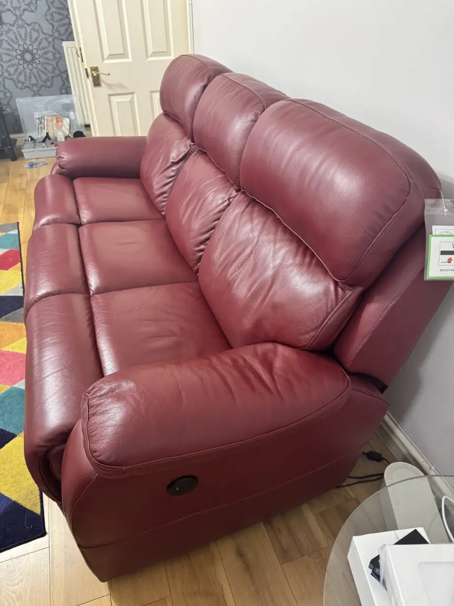 DFS 3 seater and 2 seater leather recliner sofa in wine red colour