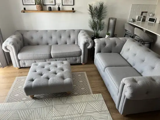 DFS Grey Belair 3 seater, 2 seater and footstall
