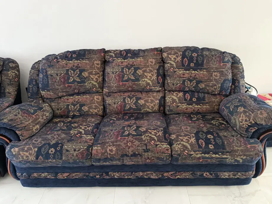 Blue printed sofa + furniture village
