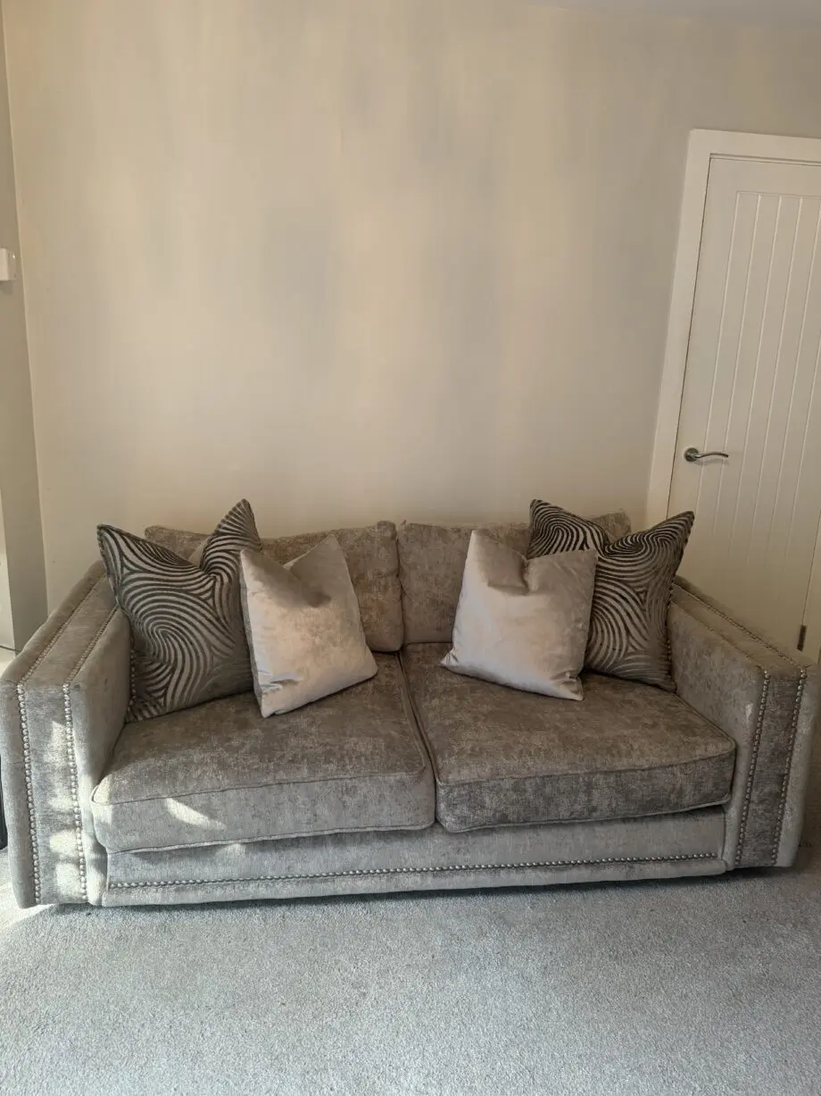 Two 3 seater grey Midas Sofology sofas with cleaning kit included