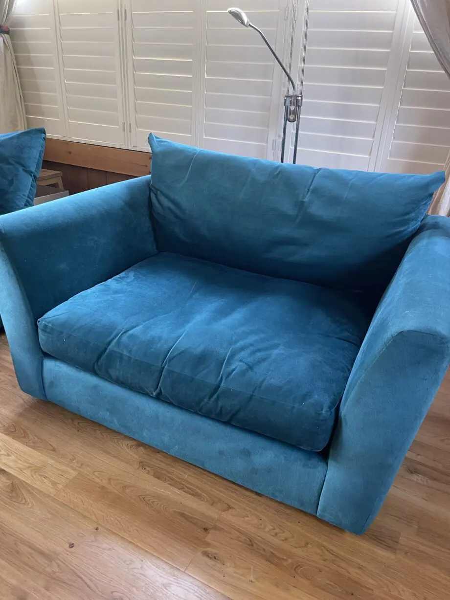 DFS Velvet Teal Corner Sofa, 2 Seater Cuddle Seat and Large Foot Stool with Storage