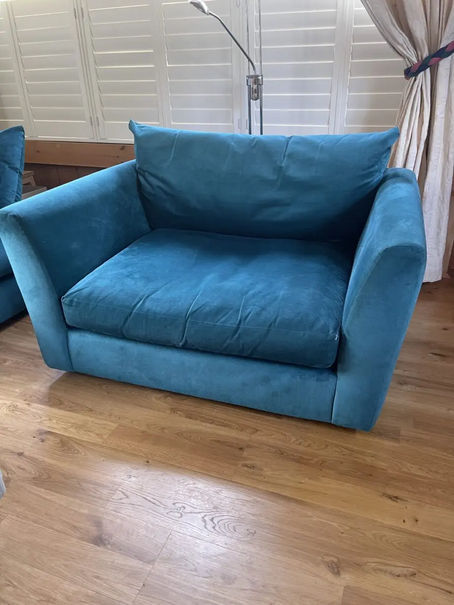DFS Velvet Teal Corner Sofa, 2 Seater Cuddle Seat and Large Foot Stool with Storage