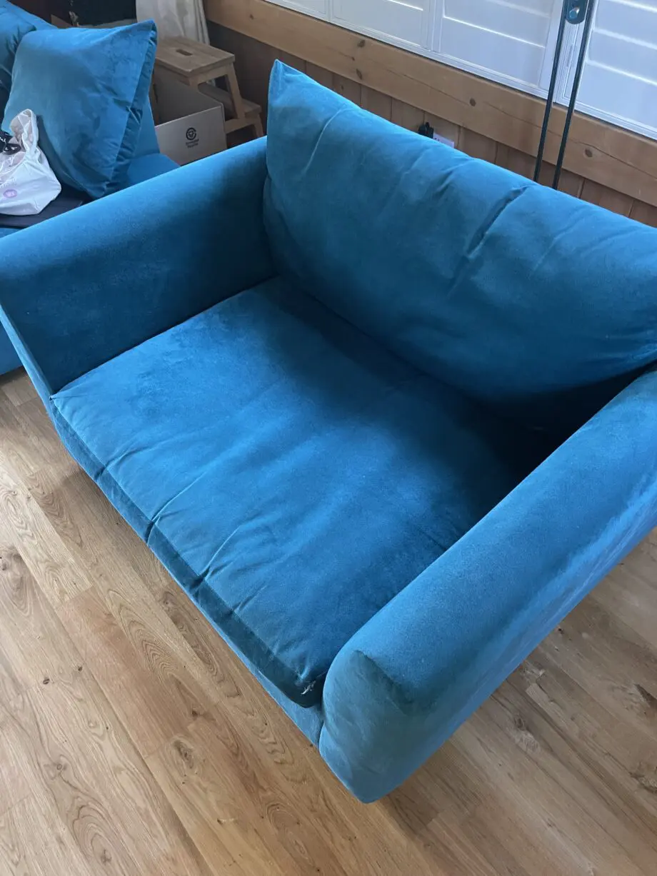 DFS Velvet Teal Corner Sofa, 2 Seater Cuddle Seat and Large Foot Stool with Storage