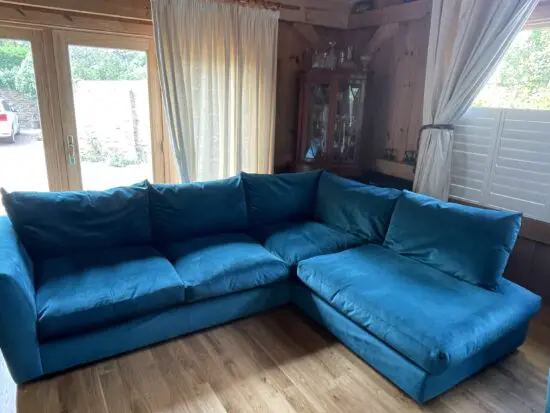 DFS Velvet Teal Corner Sofa, 2 Seater Cuddle Seat and Large Foot Stool with Storage