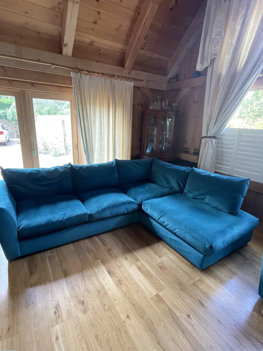 DFS Velvet Teal Corner Sofa, 2 Seater Cuddle Seat and Large Foot Stool with Storage