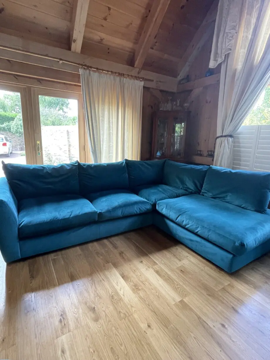 DFS Velvet Teal Corner Sofa, 2 Seater Cuddle Seat and Large Foot Stool with Storage