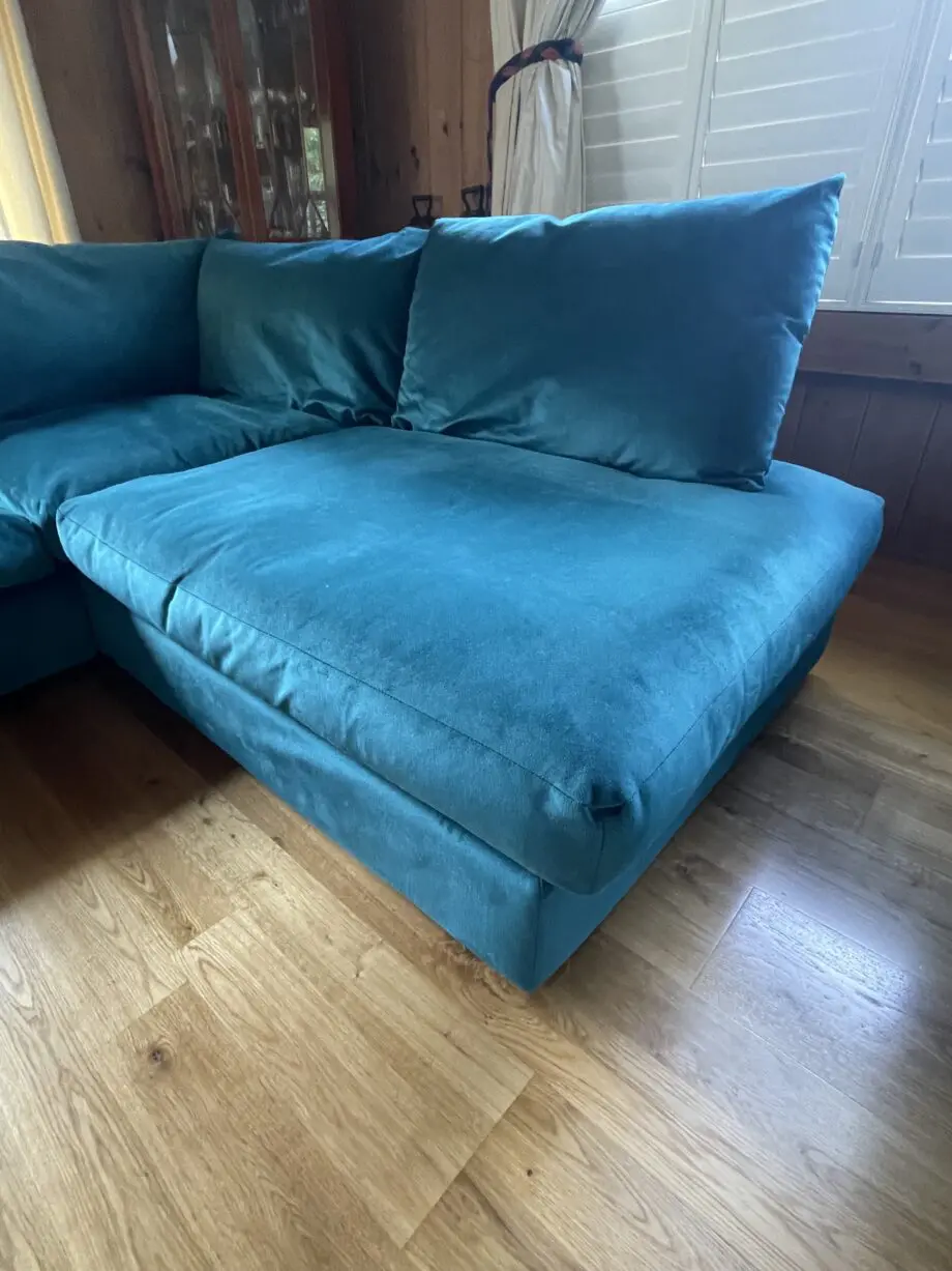 DFS Velvet Teal Corner Sofa, 2 Seater Cuddle Seat and Large Foot Stool with Storage