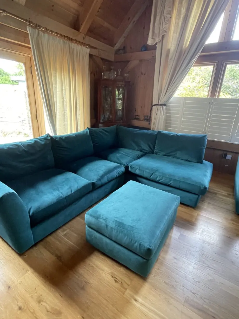 DFS Velvet Teal Corner Sofa, 2 Seater Cuddle Seat and Large Foot Stool with Storage