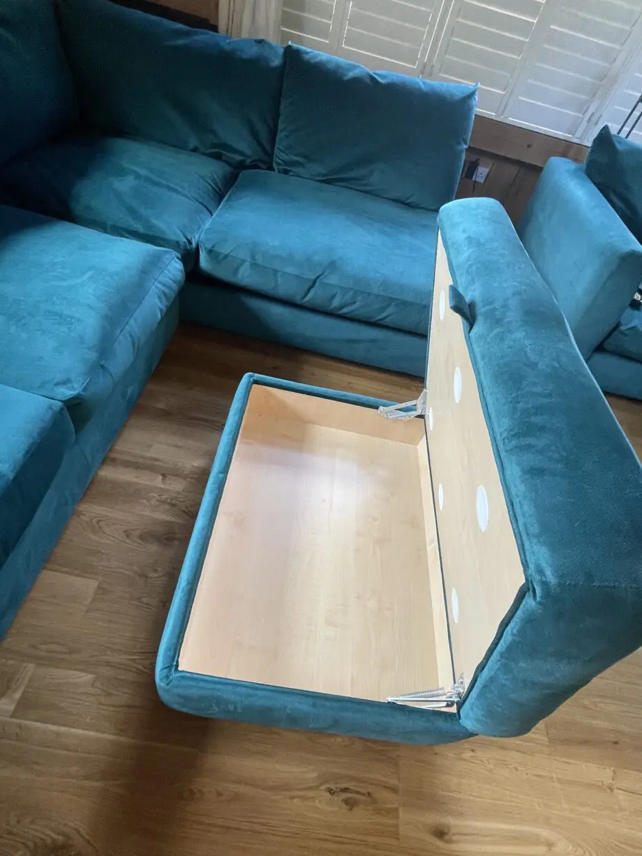 DFS Velvet Teal Corner Sofa, 2 Seater Cuddle Seat and Large Foot Stool with Storage