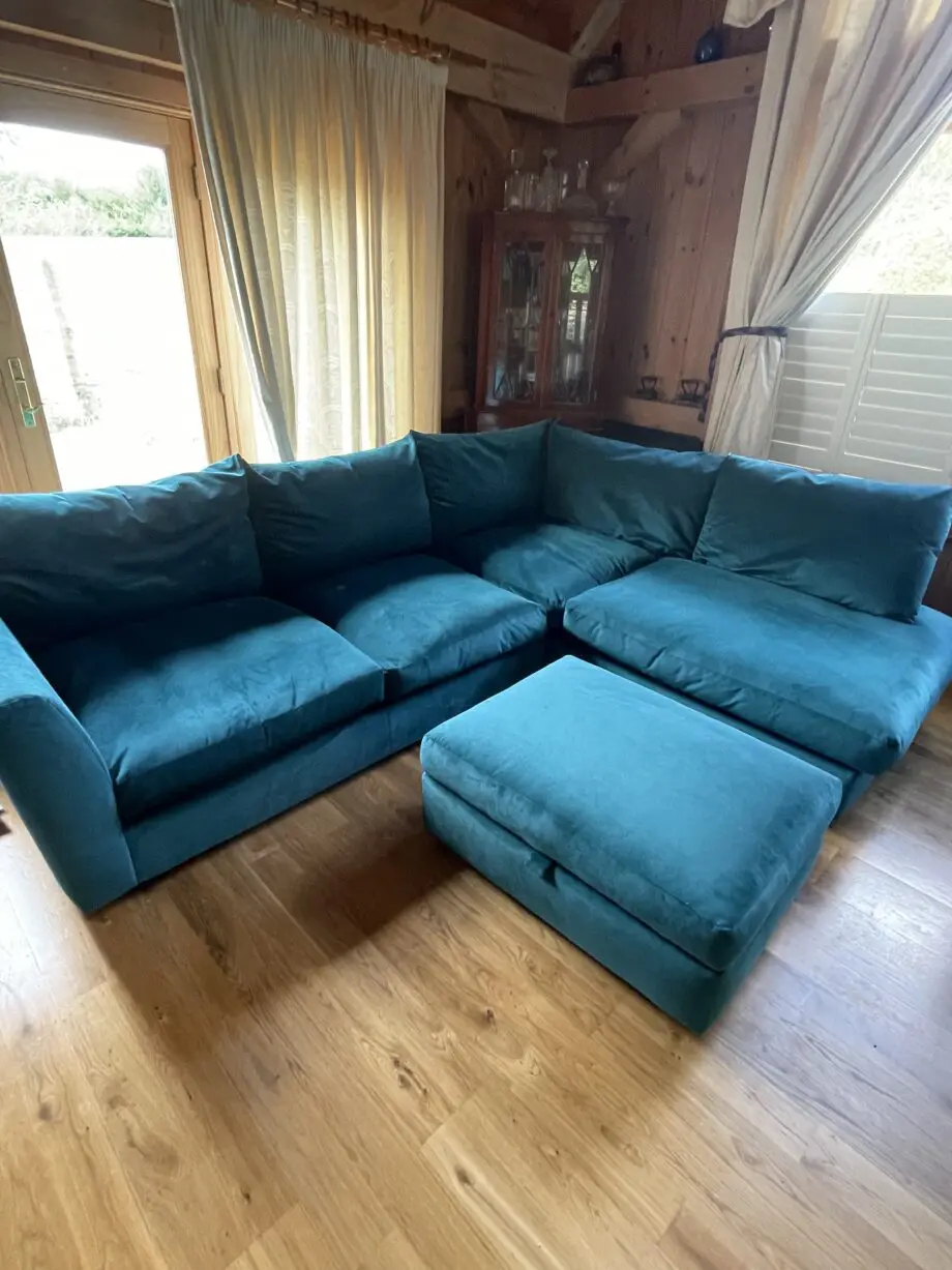 DFS Velvet Teal Corner Sofa, 2 Seater Cuddle Seat and Large Foot Stool with Storage