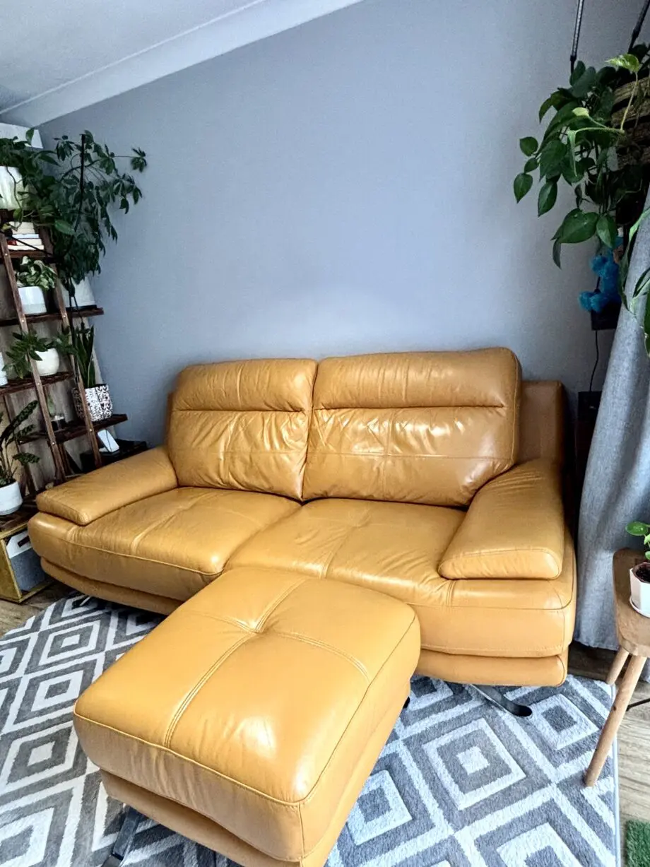 Stylish Mustard Leather Sofa & Footstool – Like New!