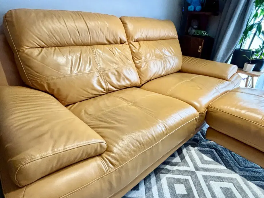 Stylish Mustard Leather Sofa & Footstool – Like New!