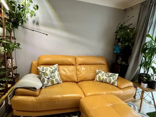 Stylish Mustard Leather Sofa & Footstool – Like New!