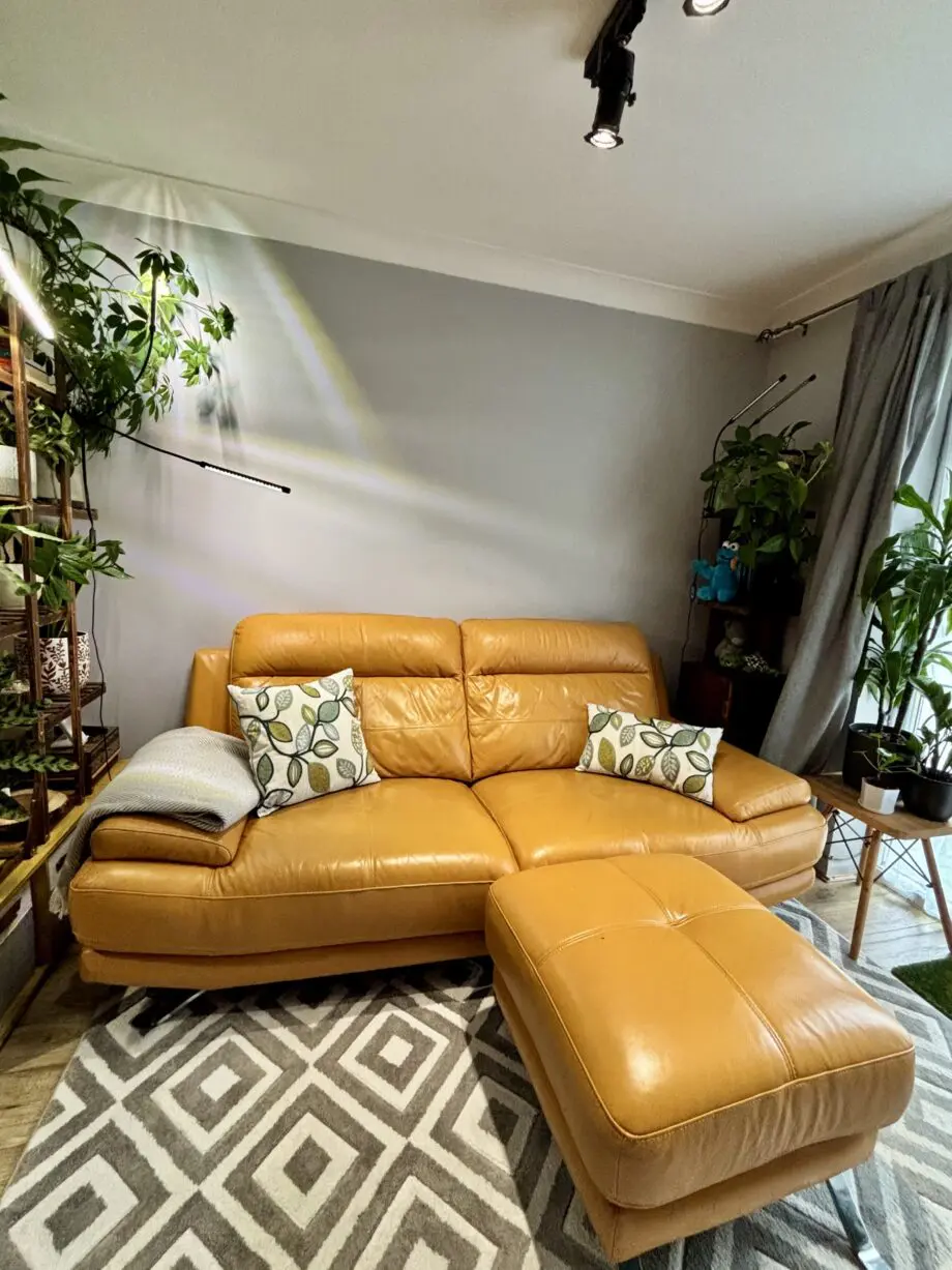Stylish Mustard Leather Sofa & Footstool – Like New!