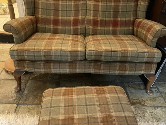 Re-Upholstered Original Vintage Parker Knoll 2 Seat Sofa and Footstool in 100% Pure Wool Balmoral Tartan Fabric