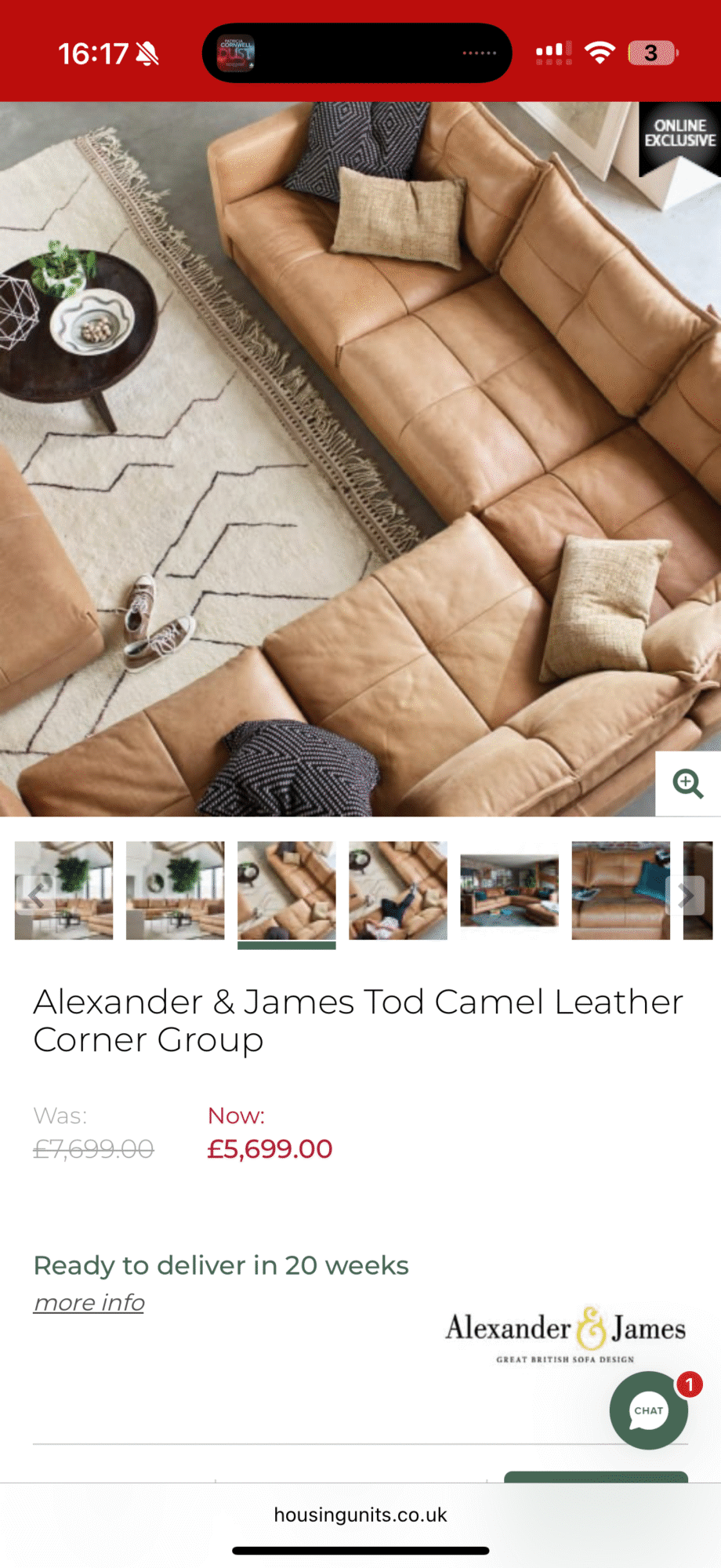 Tod Camel Leather Corner Group by Alexander & James