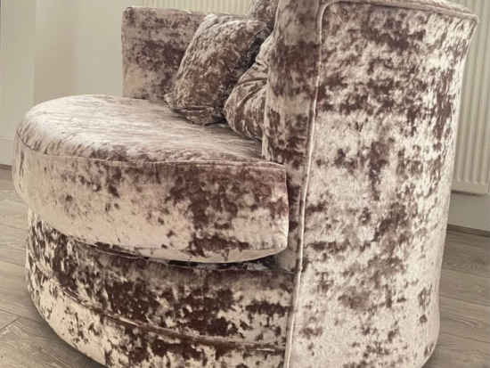 Bespoke Champagne Coloured Crushed Velvet Chaise Lounge and Swivel Arm Chair