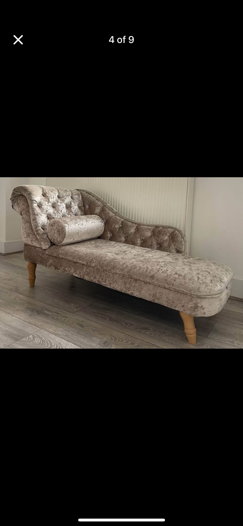 Bespoke Champagne Coloured Crushed Velvet Chaise Lounge and Swivel Arm Chair