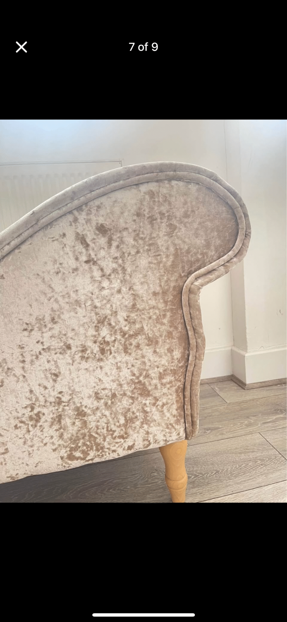 Bespoke Champagne Coloured Crushed Velvet Chaise Lounge and Swivel Arm Chair