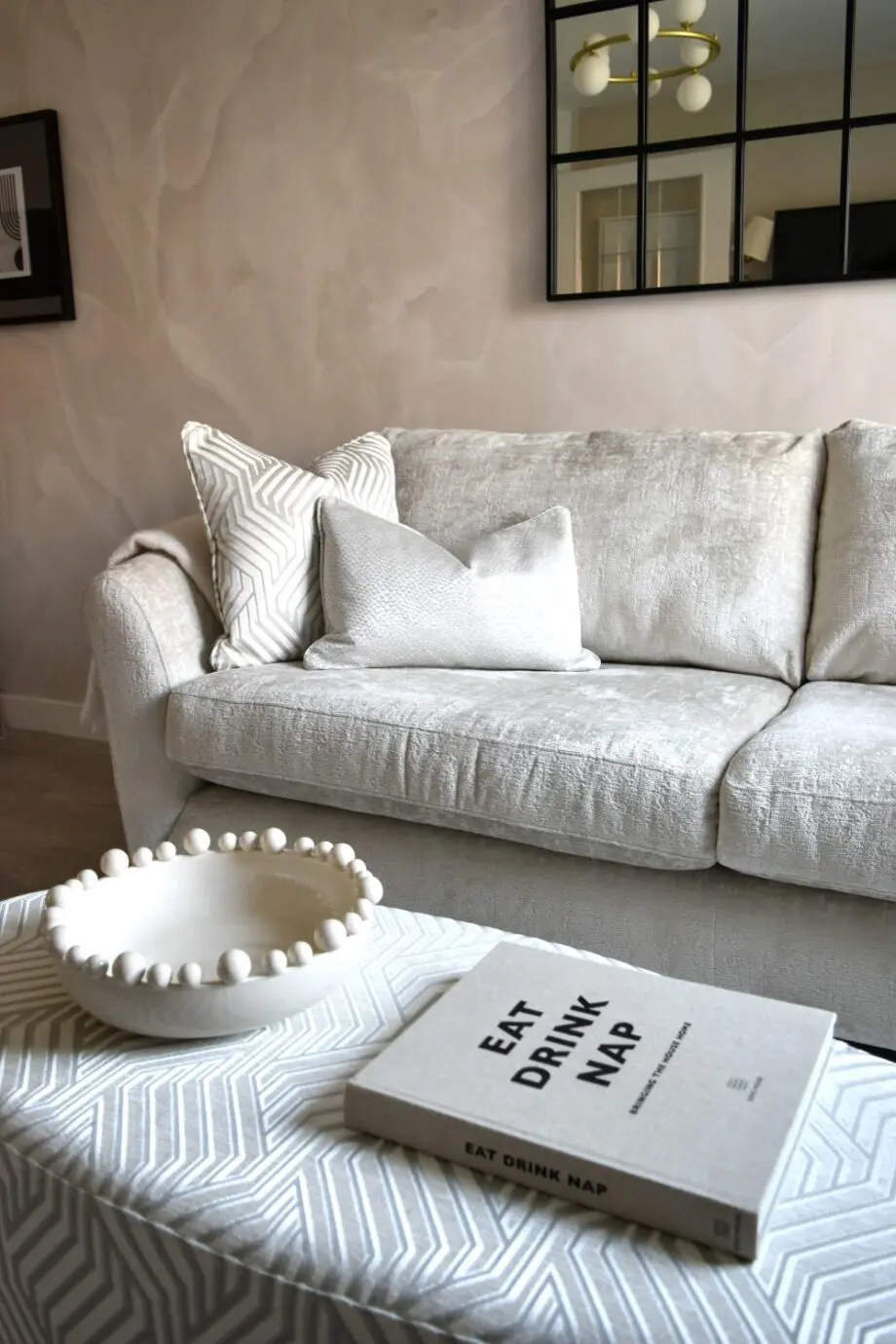 Beige sofa, chair & footstool set