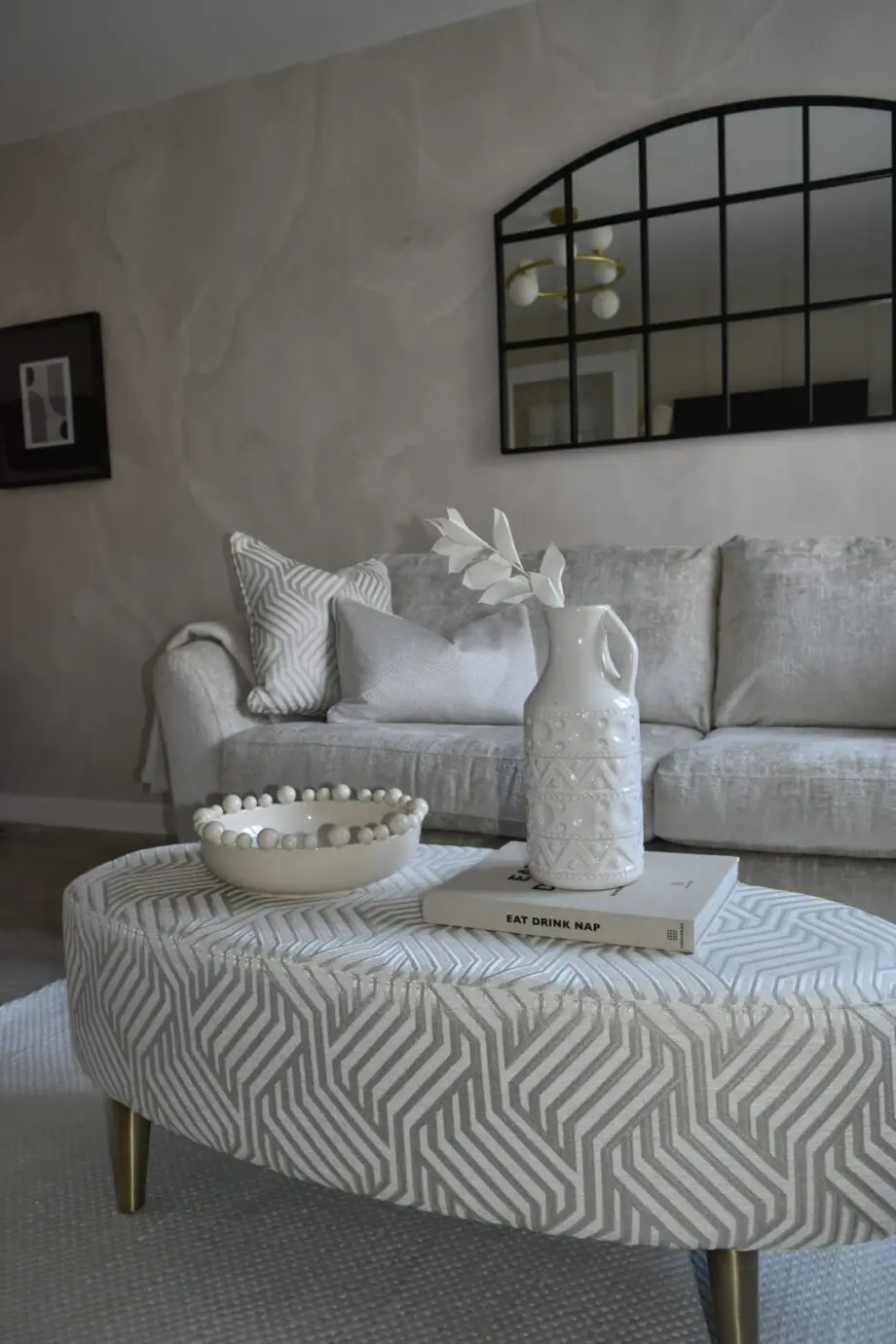 Beige sofa, chair & footstool set