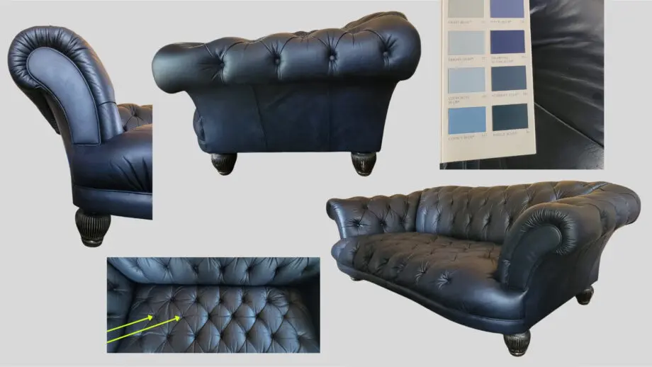Oskar Grand 4 Seater Chesterfield by Tetrad, upholstered in Hand Antiqued rare Deep Blue Buffalo Leather