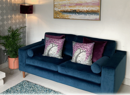 Blue velvet 3 seater sofa google SAM on DFS