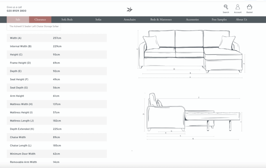 The Ashwell 5 Seater Left Chaise Storage Sofa Bed